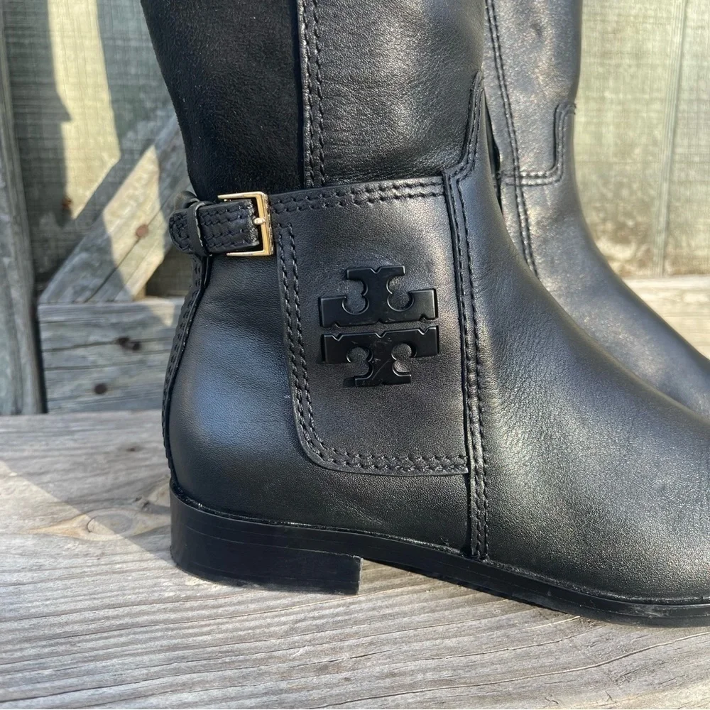 NEW Tory Burch Wyatt Over The Knee Boots Black Leather Logo Riding Boots Size 5